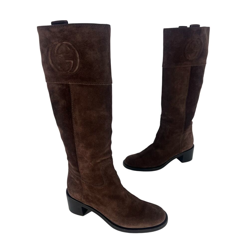 Gucci Brown Suede GG Logo Riding Boots Size 38.5 - Picture 5 of 14